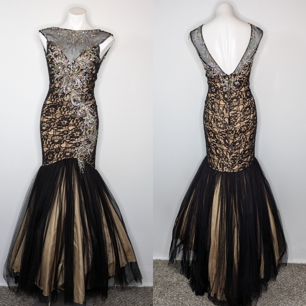 Mac Duggal 65091H black tan rhinestone lace low back mermaid evening gown 4